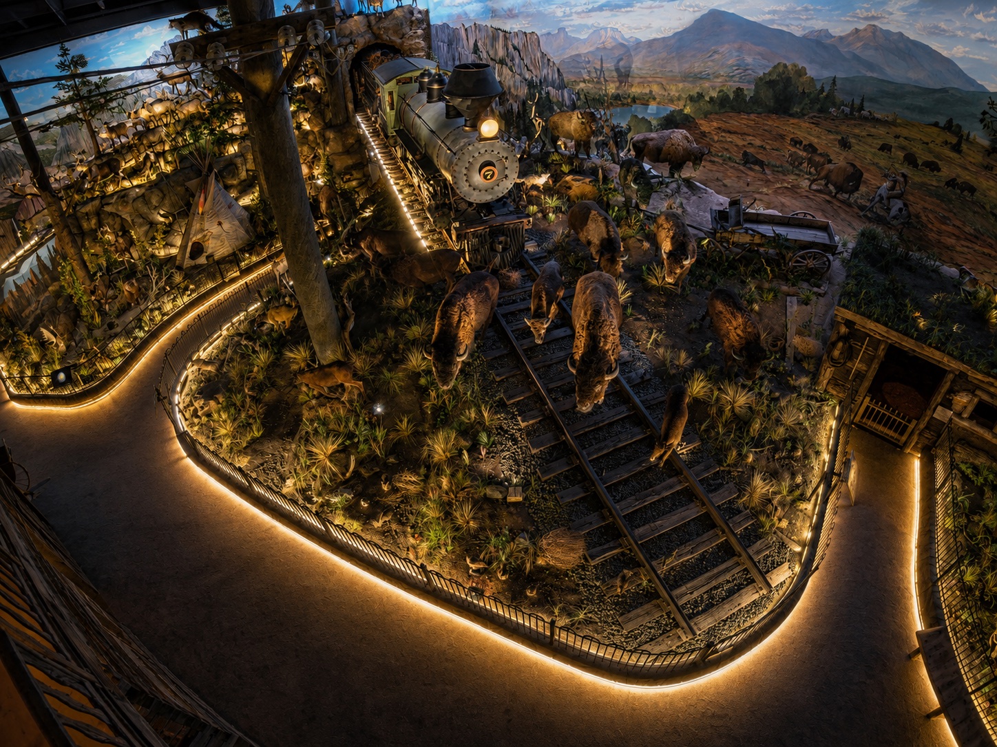 Panoramic interior view of the museum's train and bison exhibit